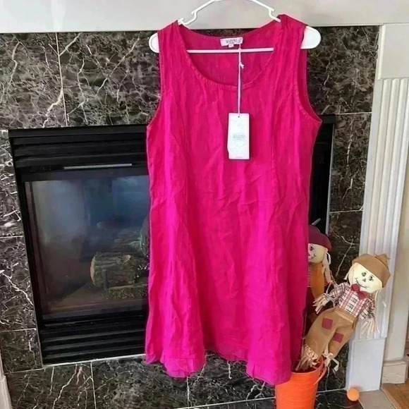 NEW Allegra Masetti size medium fuscia ruffle pink pure linen dress - Picture 2 of 8